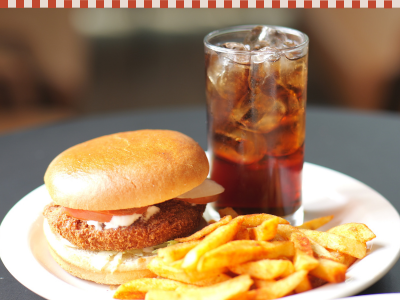 burger and fries and a drink