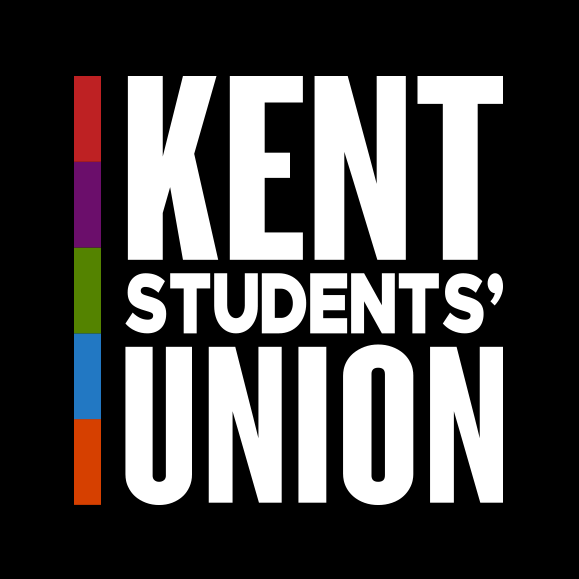 Kent Union logo - white type with multicoloured line on a black background